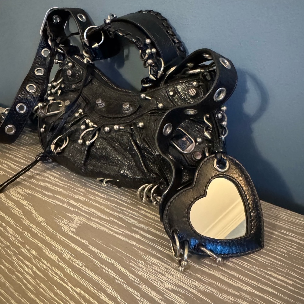 Like NEW Balenciaga Black Studded Shoulder Bag with Heart Mirror  Le Cagone